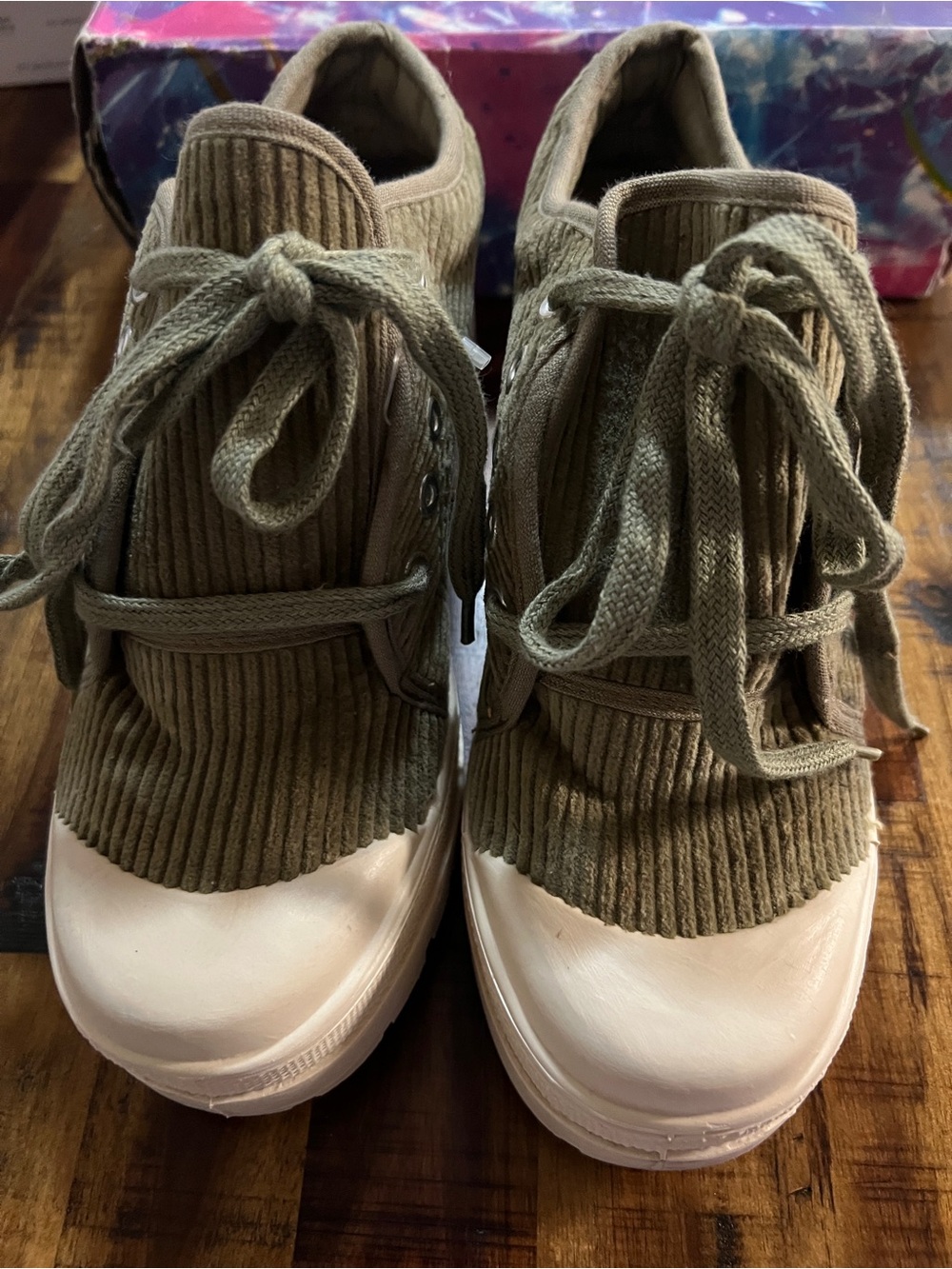 Chinese Laundry Olive Corduroy Lace-Up Women’s Sneakers with White Toe
